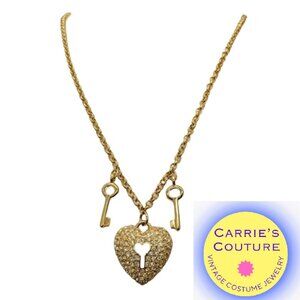Vintage Signed Napier Rhinestone Heart Lock Pendant Necklace